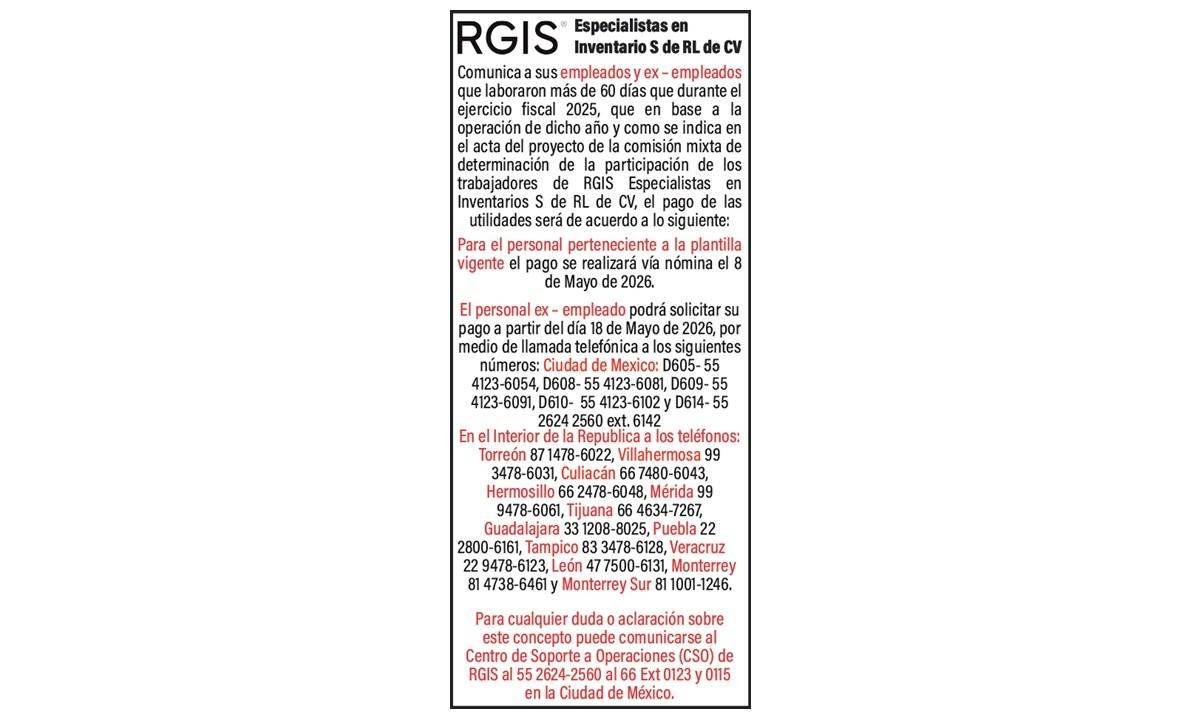RGIS ESPECIALISTAS/ PTU MAYO 2025