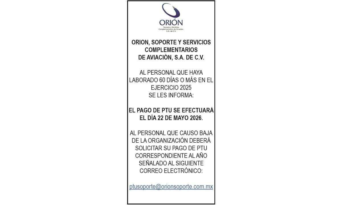 ORION, SOPORTE Y SERVICIOS COMPLEMENTARIOS DE AVIACION
