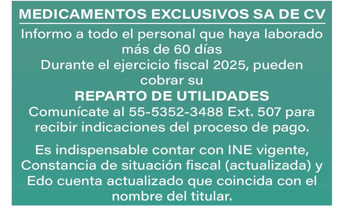 MEDICAMENTOS EXCLUSIVOS REPARTO DE UTLIDADES