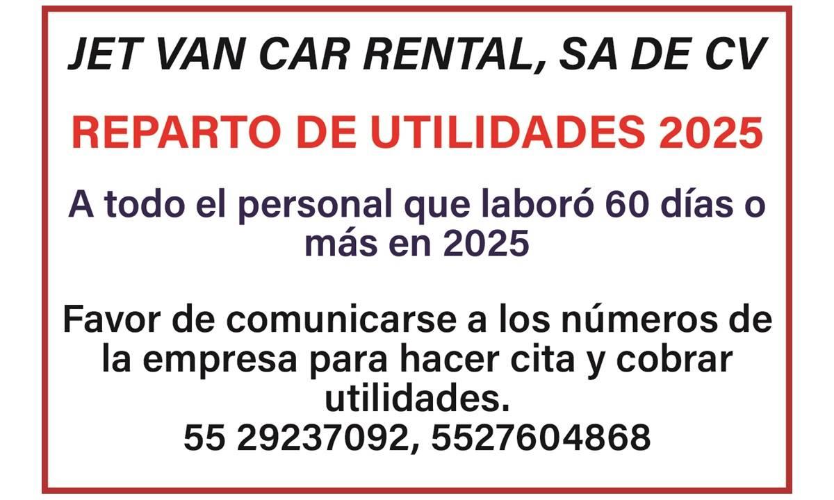 JET VAN CAR RENTAL REPARTO DE UTILIDADES