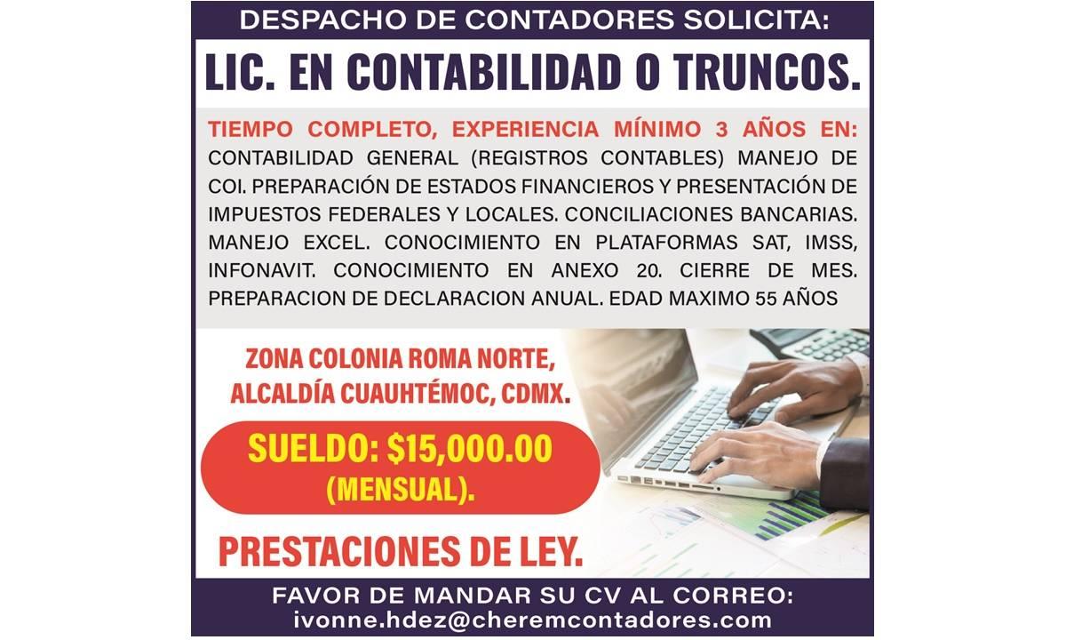 LIC. EN CONTABILIDAD O TRUNCOS, ALCADIA CUAUHTEMOC