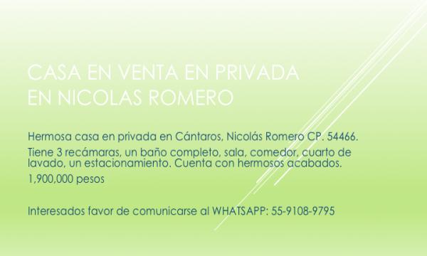 CASA EN VENTA EN PRIVADA EN NICOLAS ROMERO