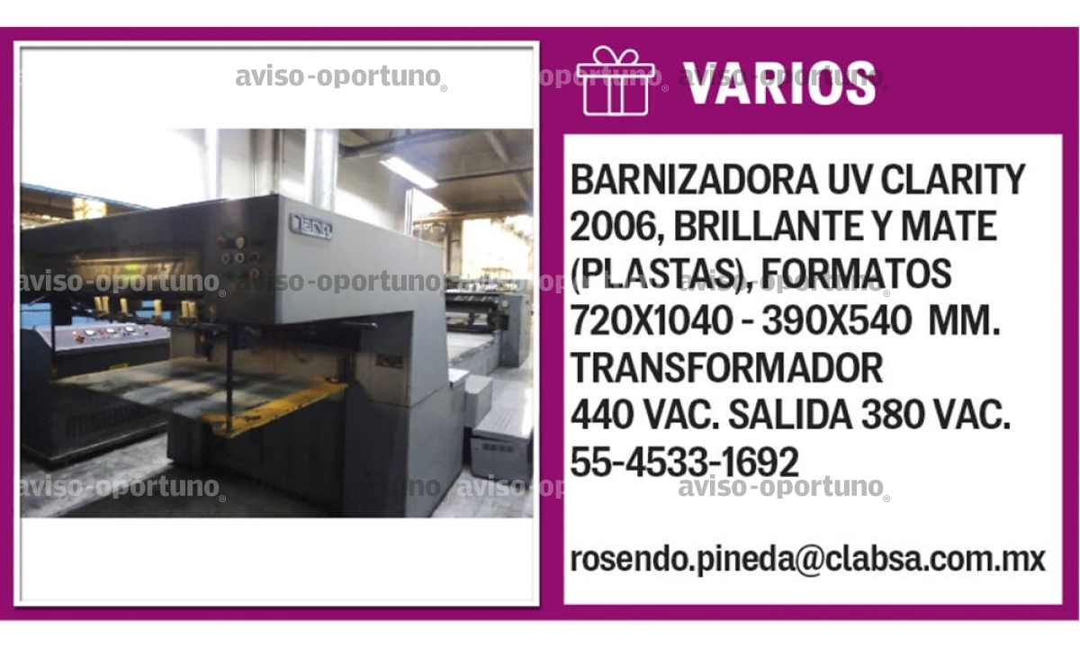 BARNIZADORA UV CLARITY 2006, BRILLANTE Y MATE (PLASTAS)